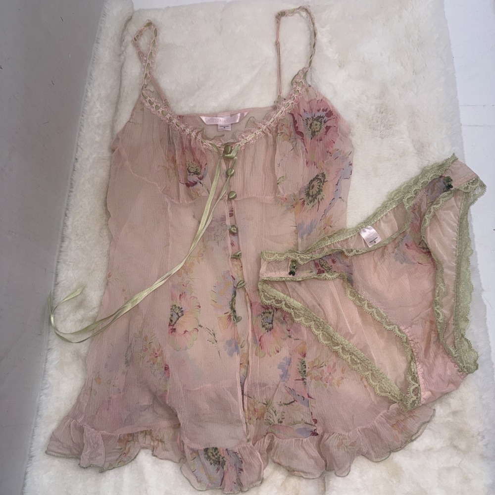 Vtg Y2K Victoria's Secret 100% Silk Set Floral Milkmaid Babydoll Chemise Slip S - Picture 4 of 16